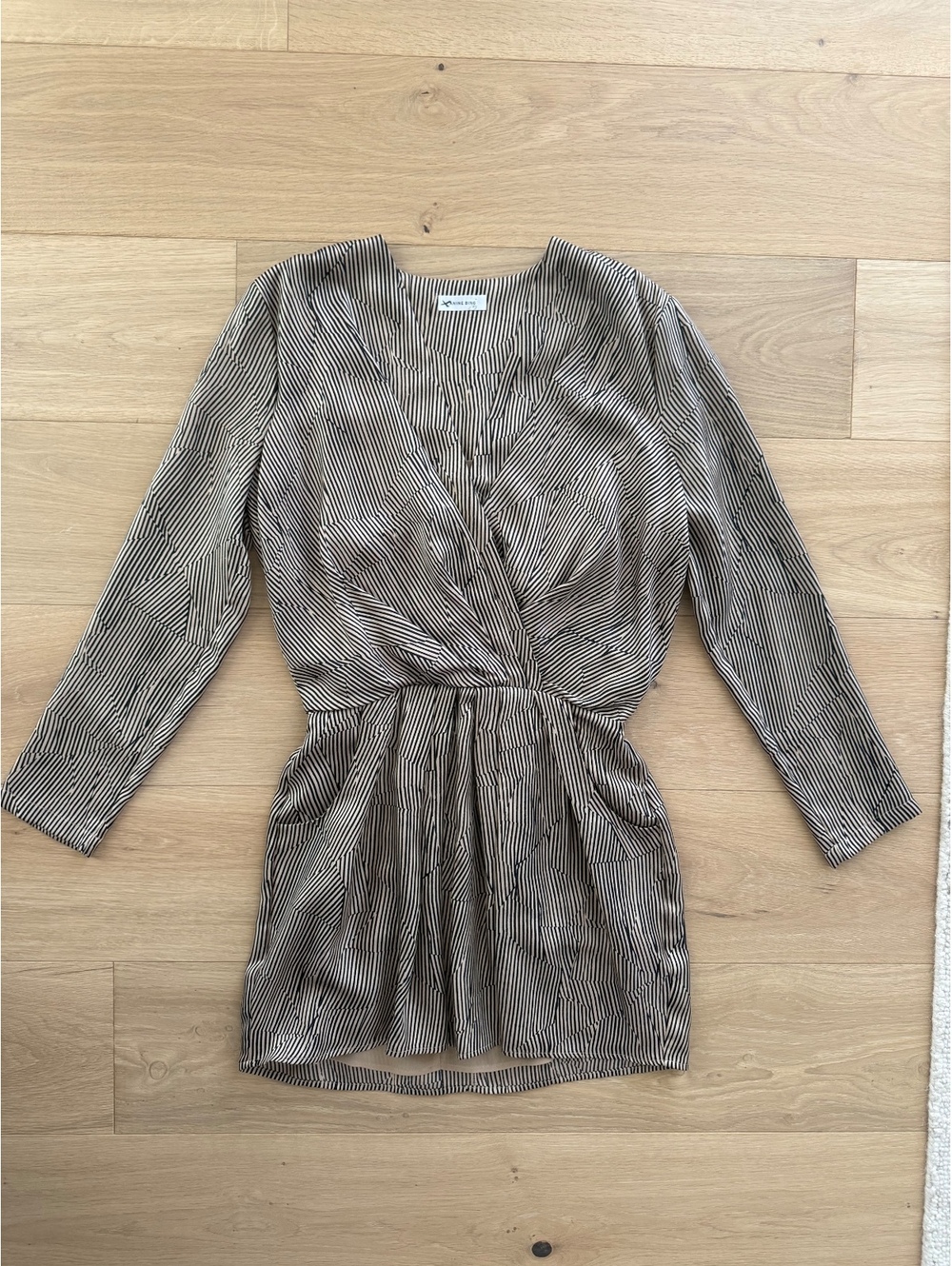 ANINE BING Kate Wrap Effect Printed Silk Twill Mini Dress Stripe Size Small